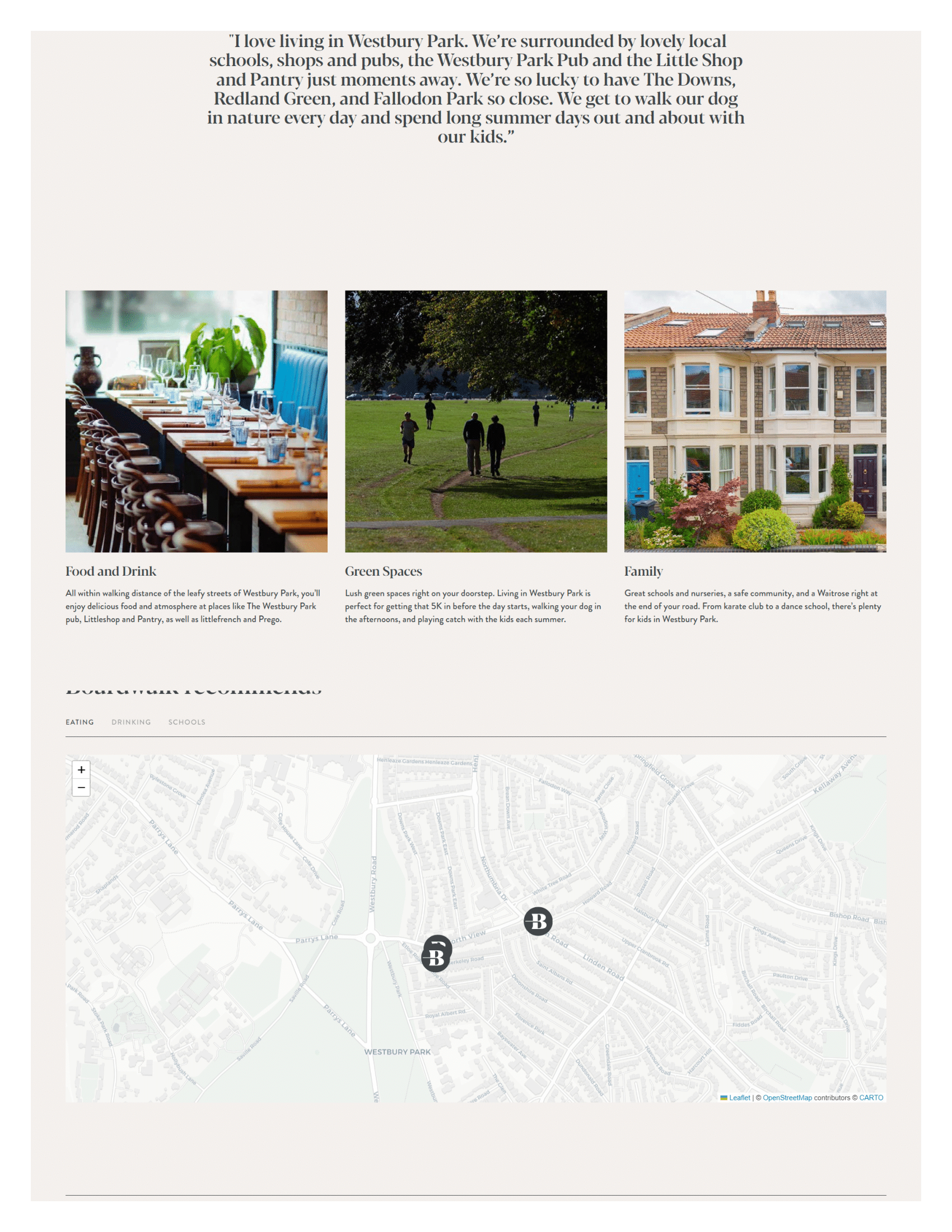Screenshot of Boardwalk's 'Westbury Park' website page, showing the map.