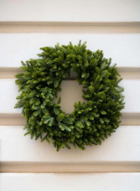 A little Christmas wreath with no decorations, just a bushy circle of tree branches. 